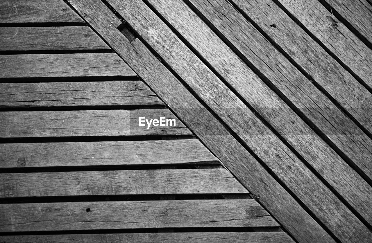 HIGH ANGLE VIEW OF WOODEN BOARDWALK