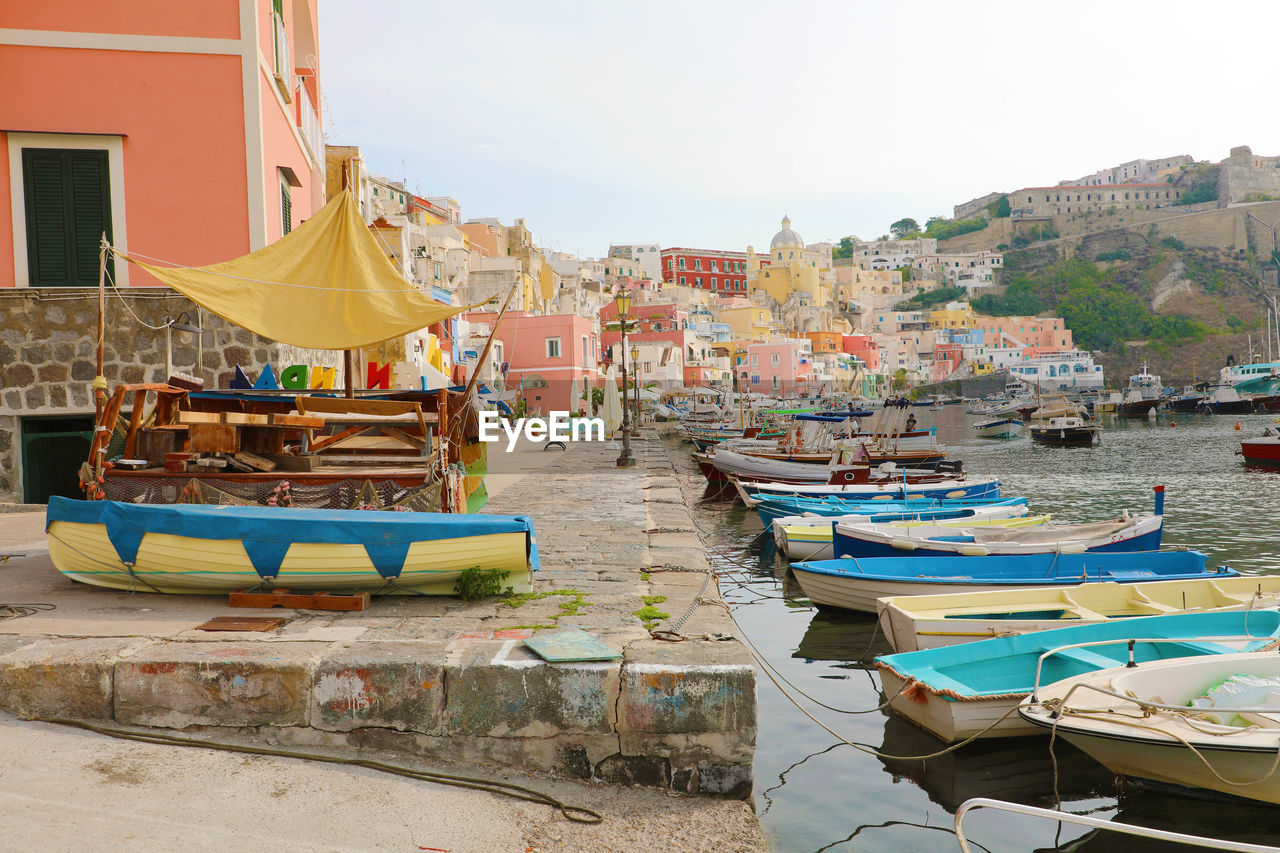 Beautiful colorful harbor of procida island, naples, italy.