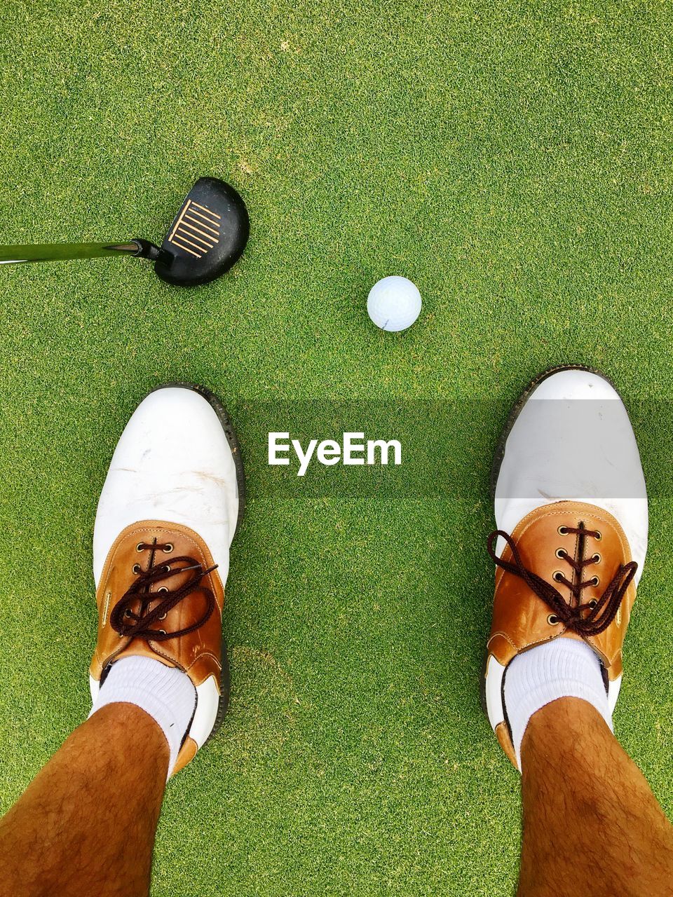 Low section of man playing golf on turf