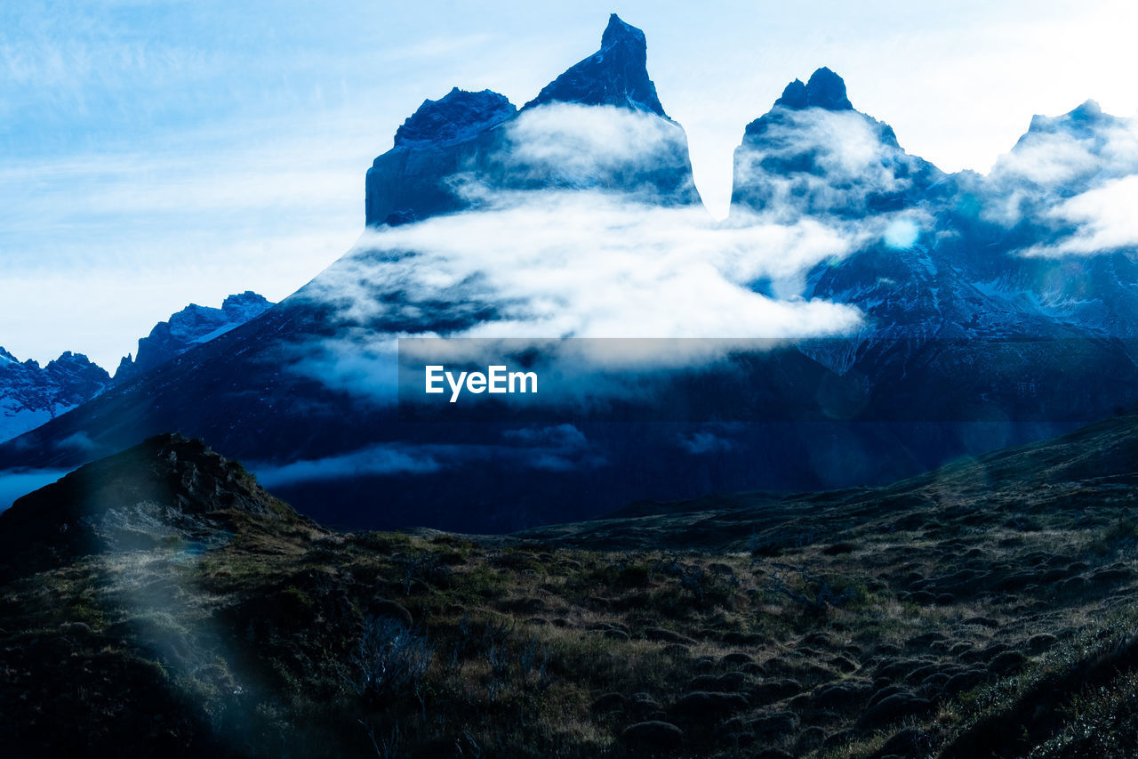 Scenic view of snowcapped mountains against sky