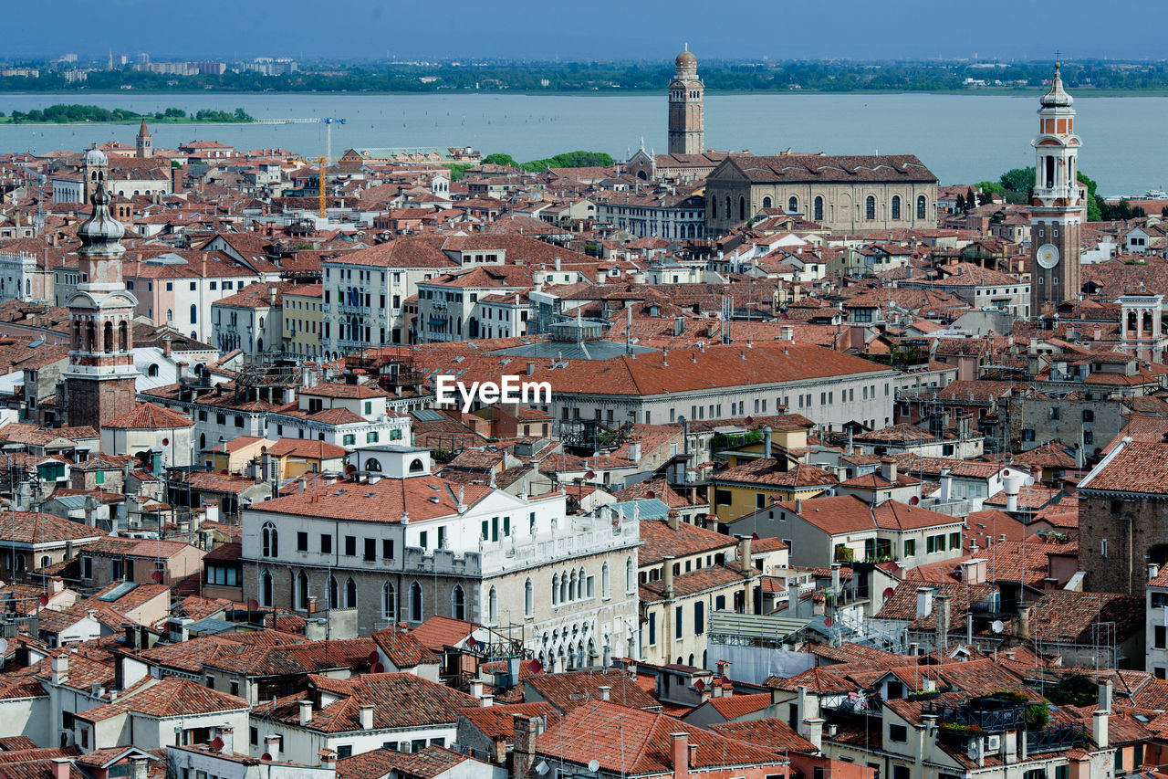 High angle view of buildings in city