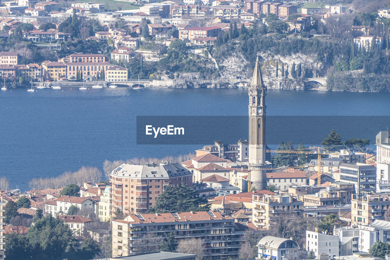 Aerial view of lecco and his beautiful bell tower