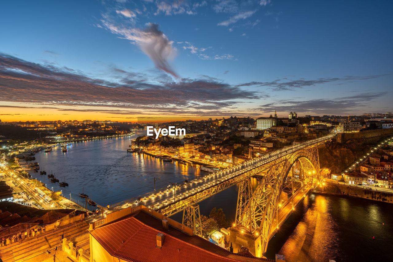 View of porto with the river douro and the dom luis i bridge after sunset