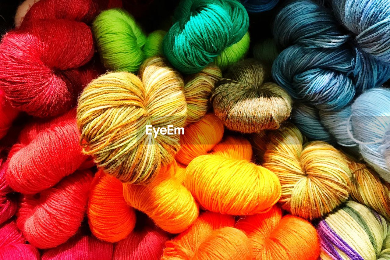 Full frame shot of colorful wool for sale in market