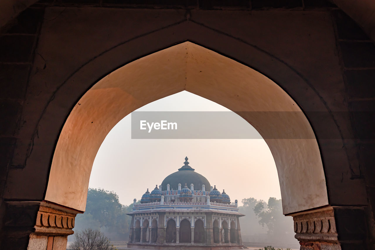 Nila gumbad of humayun tomb exterior view at misty morning from unique perspective