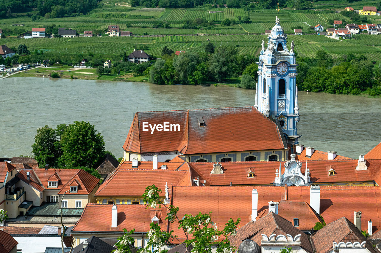 High angle view of buildings in city