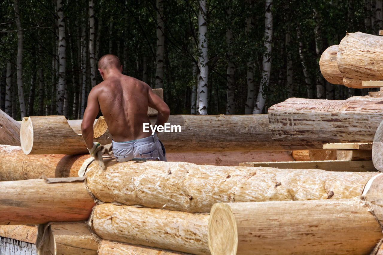 MAN STANDING ON LOGS IN FOREST