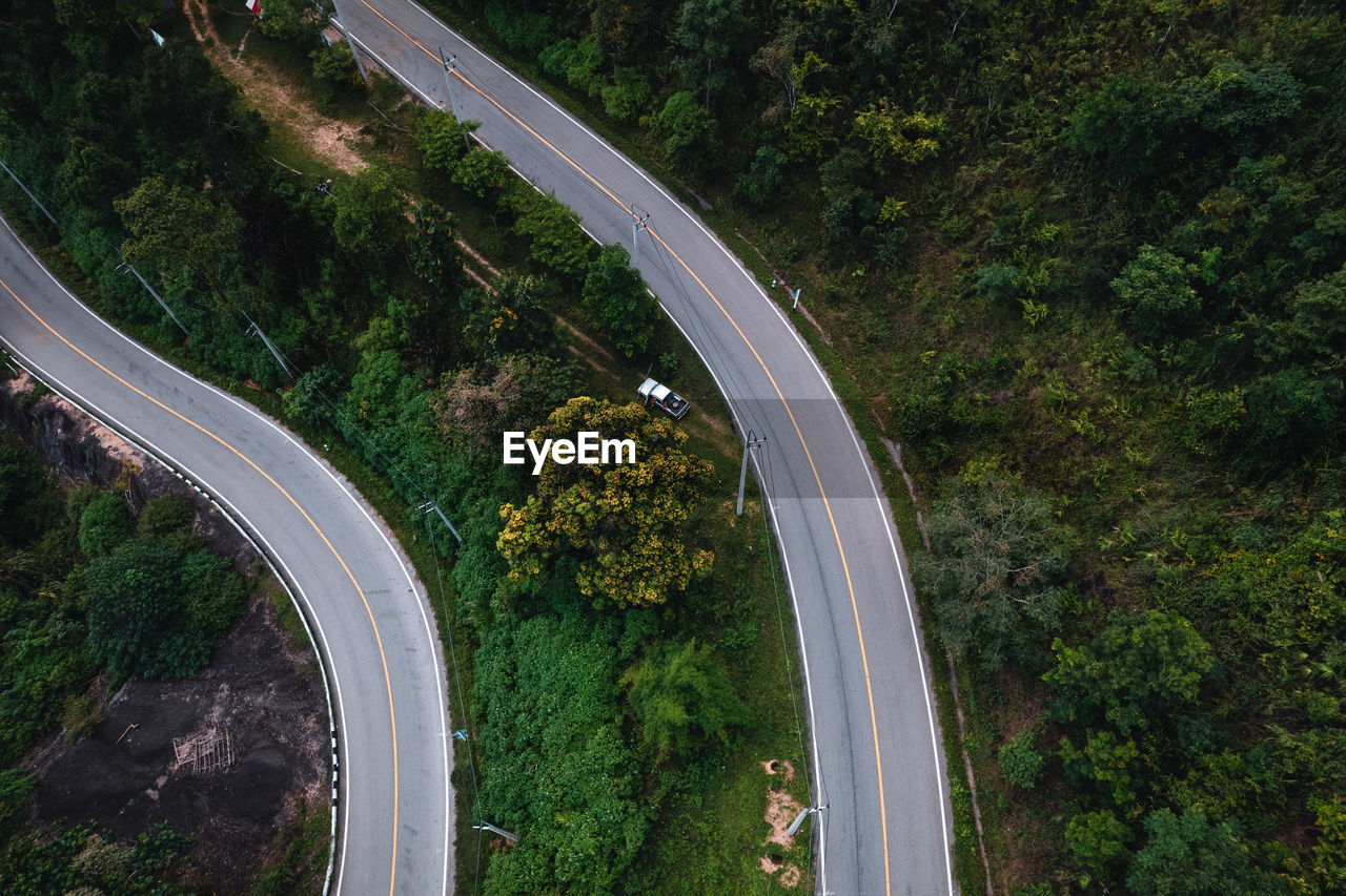 High angle view of highway on road amidst trees