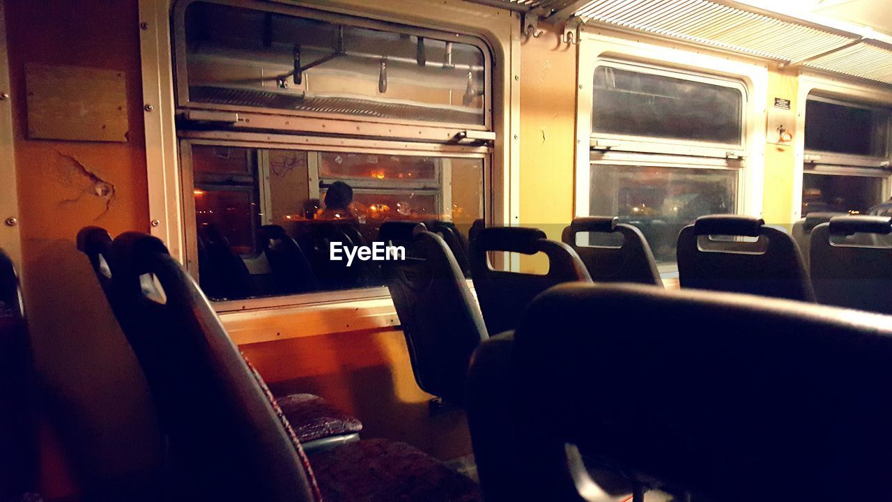 Rear view of empty seats in train