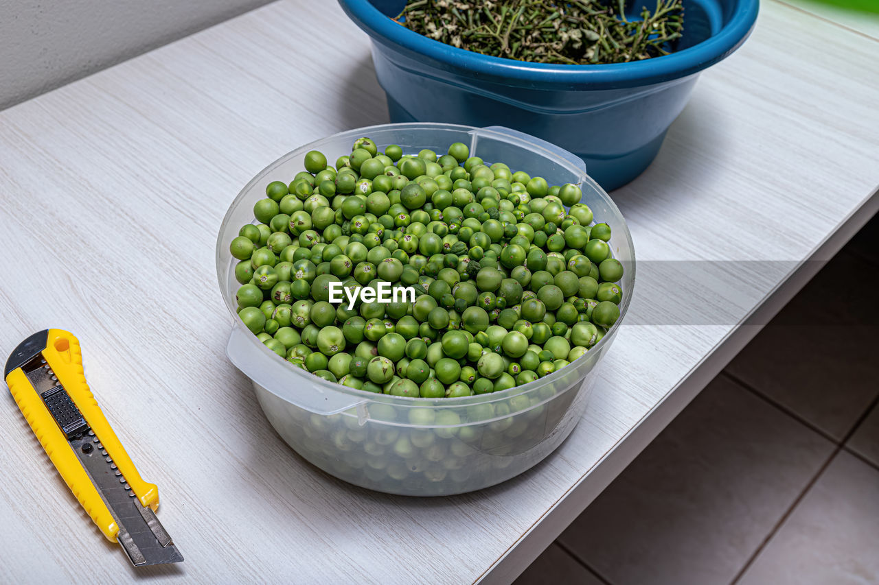 high angle view of green peas