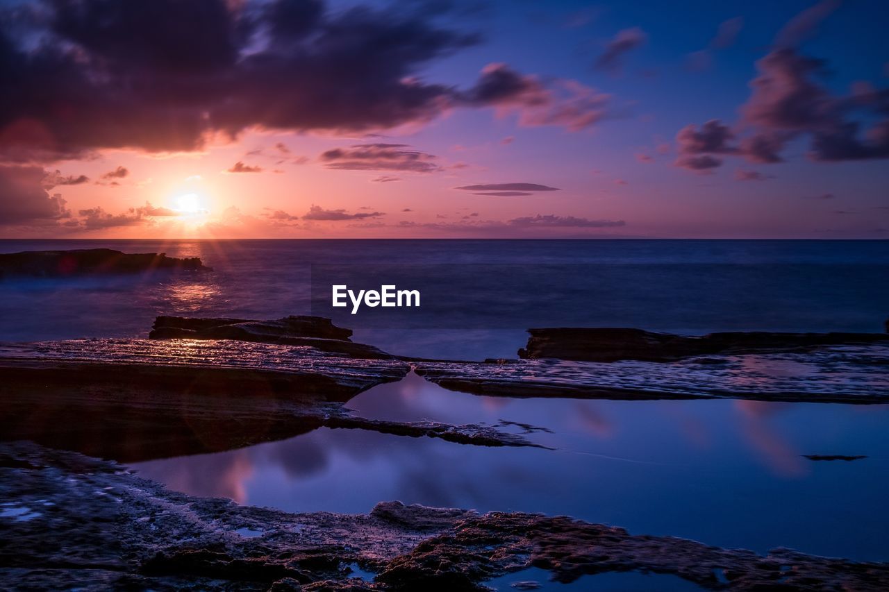 Scenic view of sea against dramatic sky