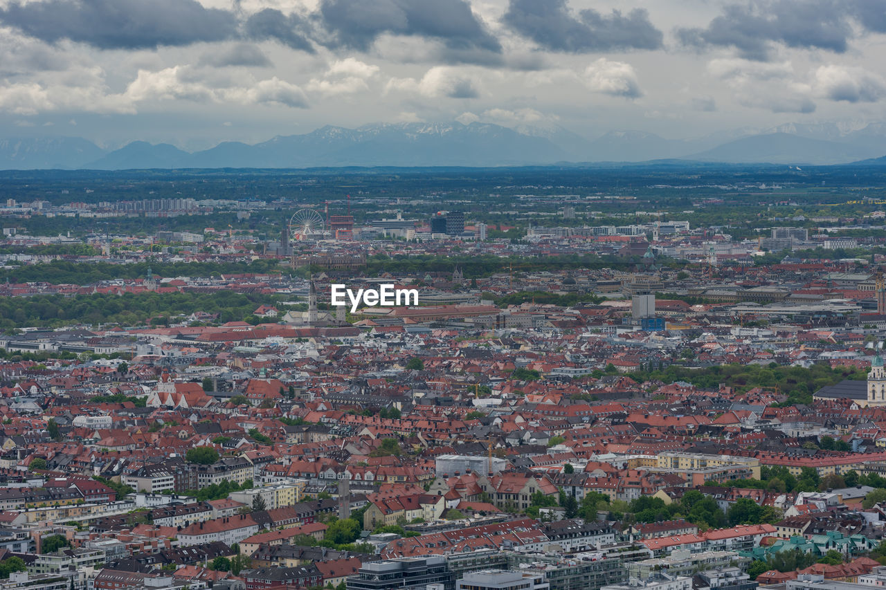 High angle shot of townscape against sky