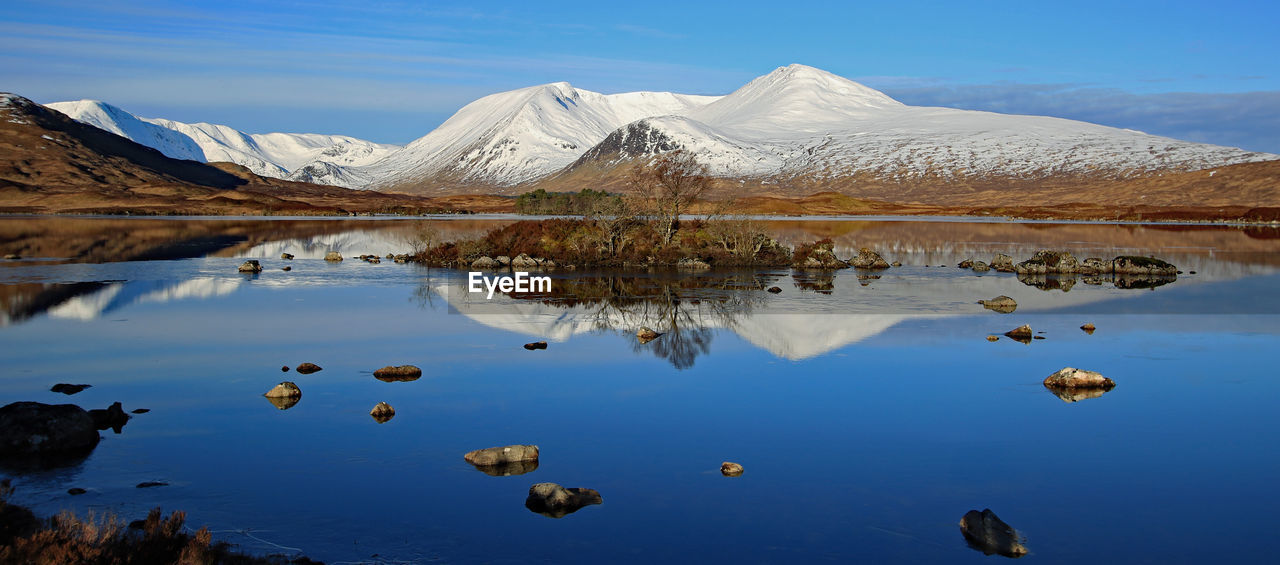 Scenic view of scottish loch by snowcapped mountains against sky