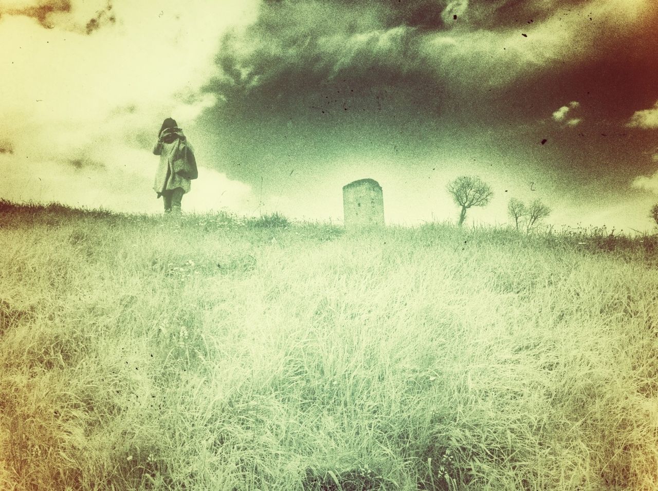 WOMAN WALKING ON GRASSY FIELD