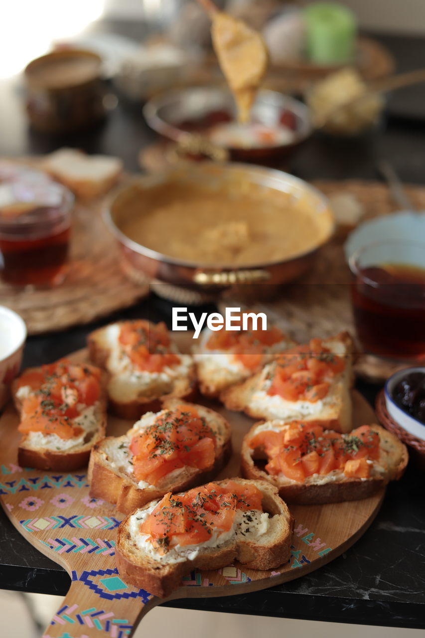 Close-up of food served on table