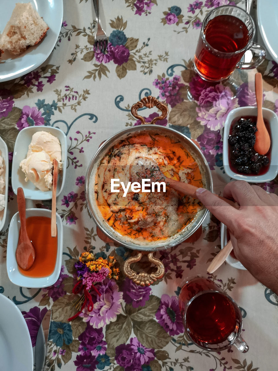 High angle view of food served on table