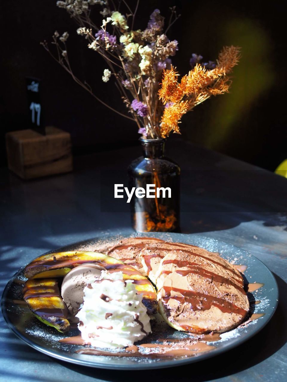 High angle view of dessert in plate on table