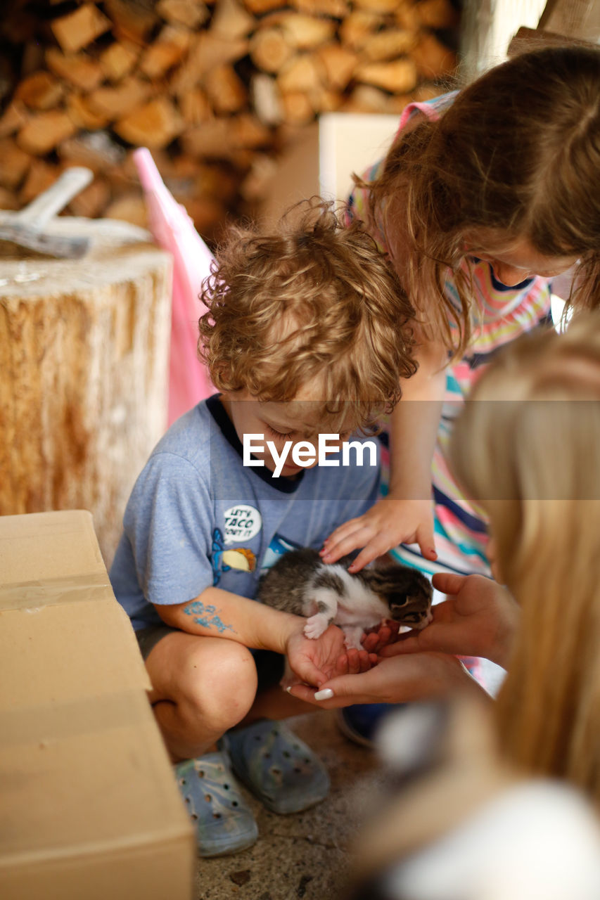 Two happy children petting a tiny kitten outside
