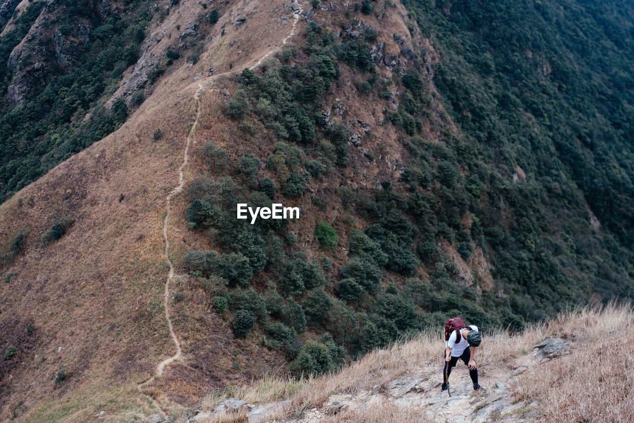 High angle view of hiker on steep field