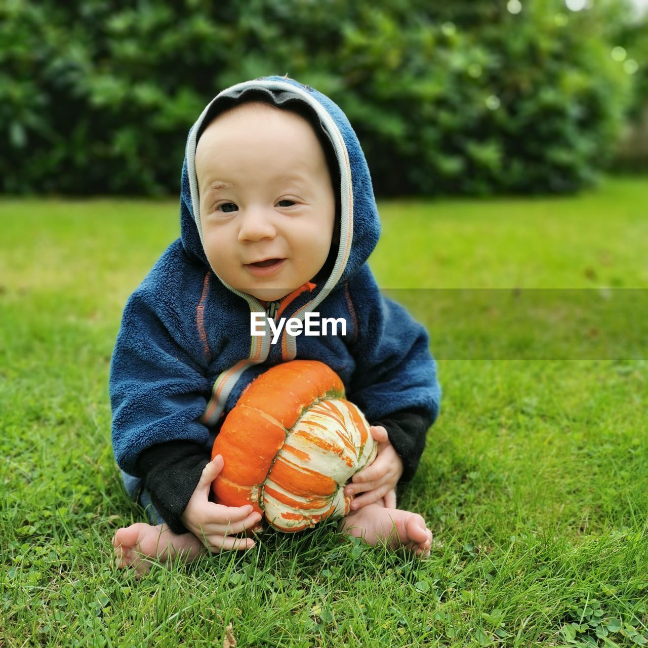 Portrait of a  baby boy holding a pumpkin on grass