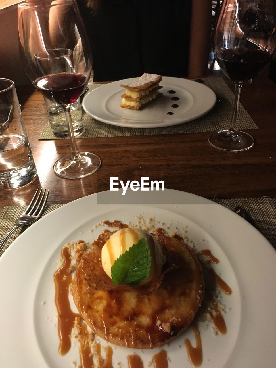 High angle view of dessert served in plate on table