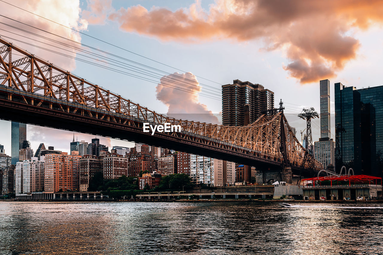 Bridge over river by buildings against sky in city