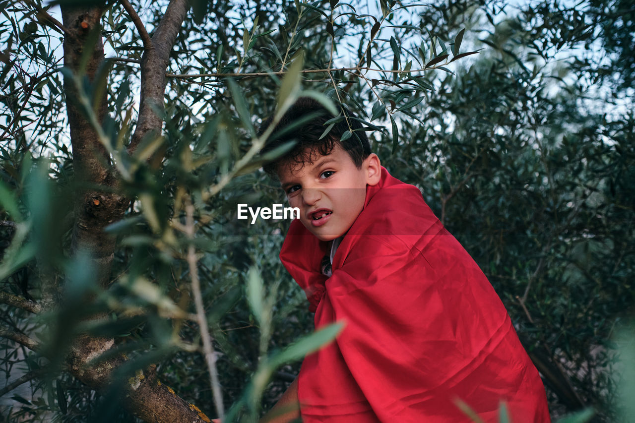 Child disguised as a red superhero rides a tree and makes a mean face