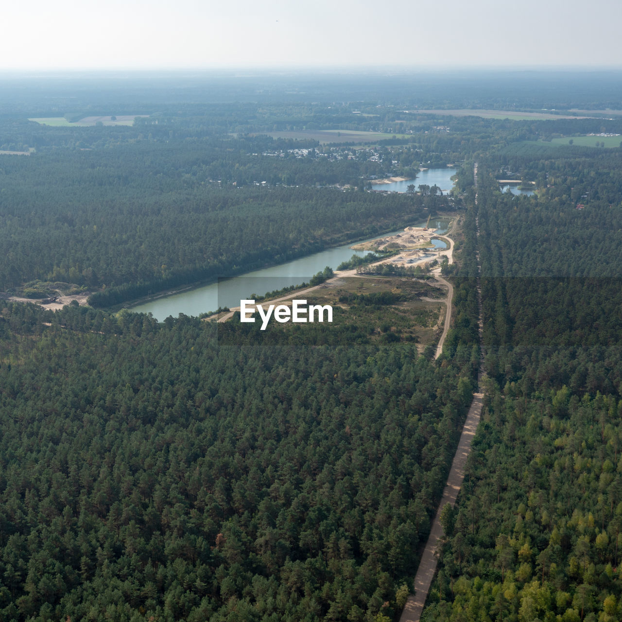 Vertical aerial view of a sand quarry in the heath, flight with a gyrocopter.