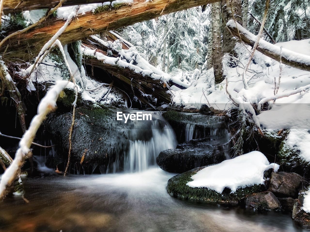 VIEW OF WATERFALL WITH SNOW IN WINTER