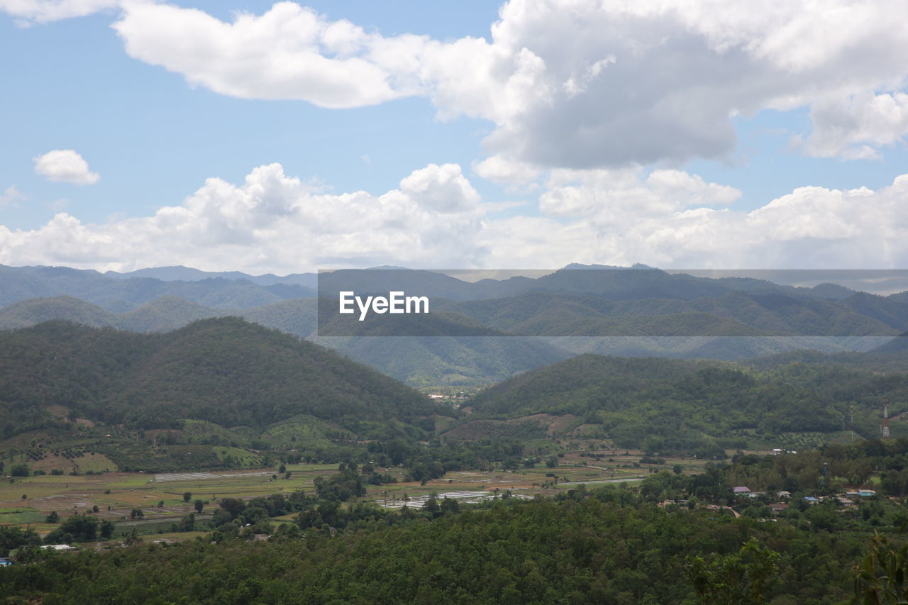 Scenic view of landscape and mountains against sky