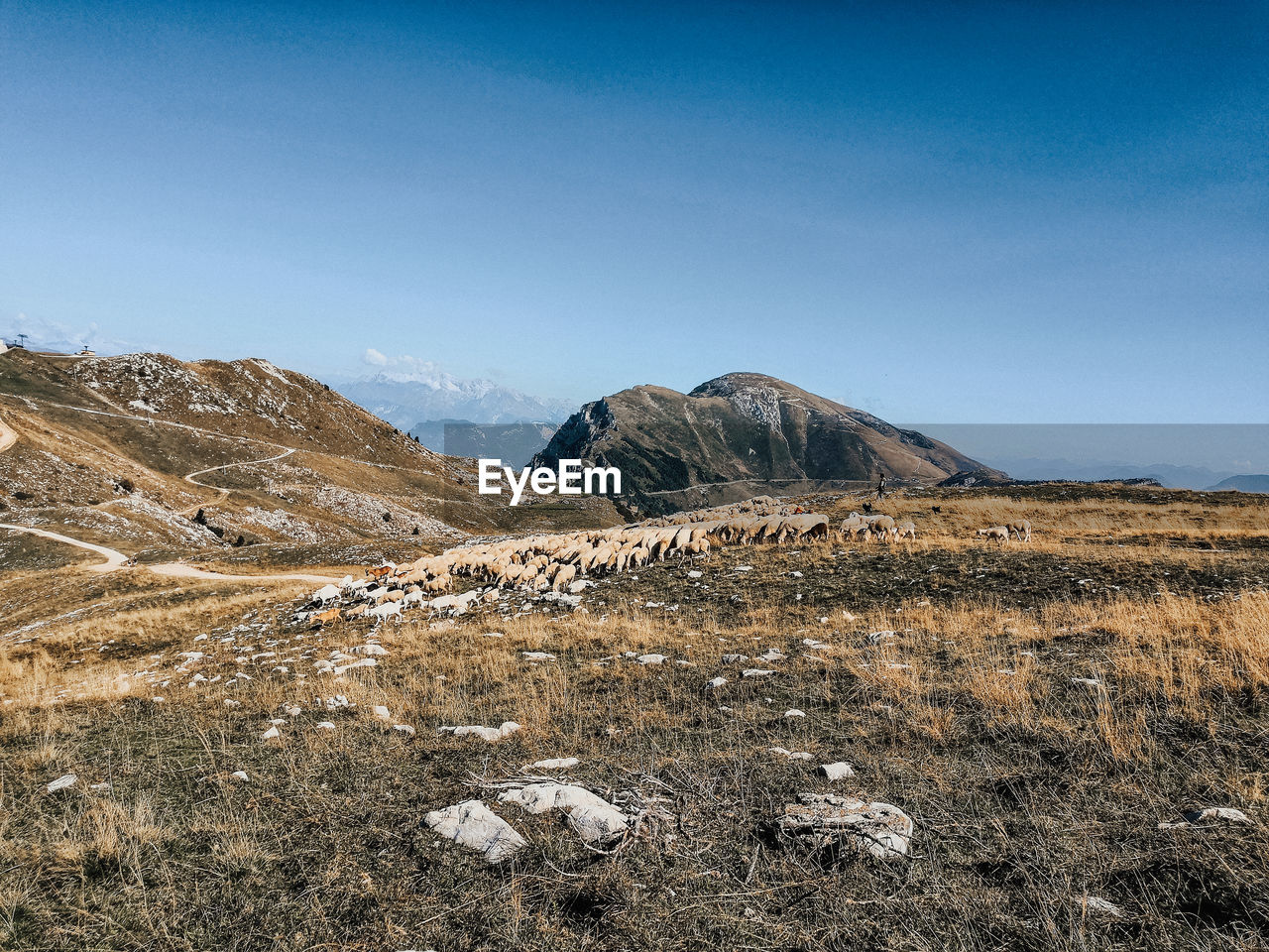 Scenic view of mountains against clear blue sky