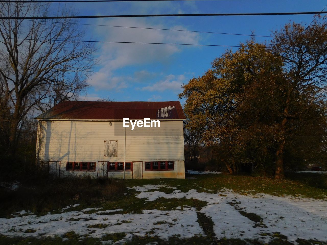 HOUSE ON FIELD BY TREES AGAINST SKY