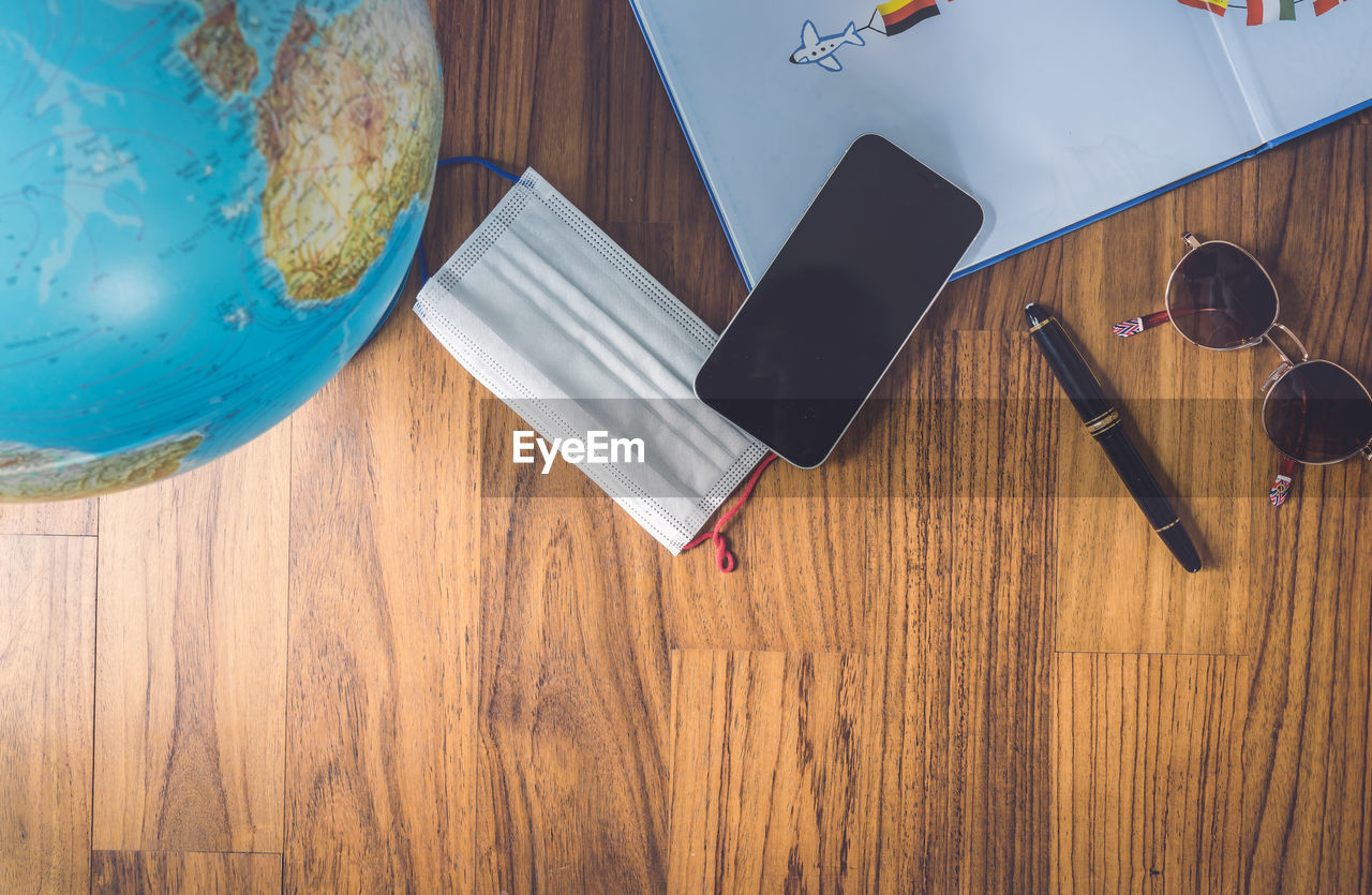 High angle view of objects on table