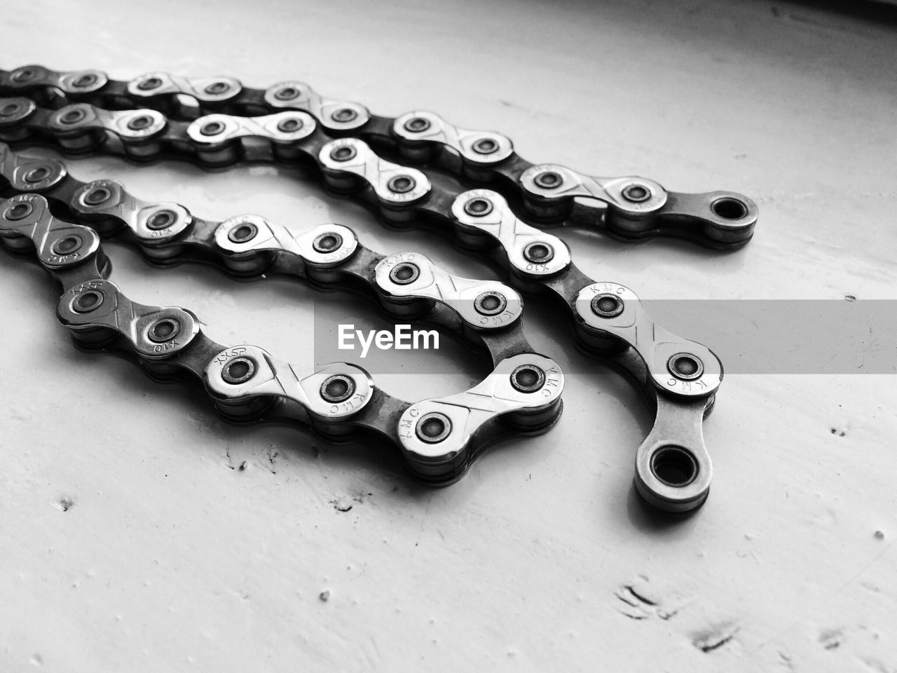 High angle view of bicycle chain on table