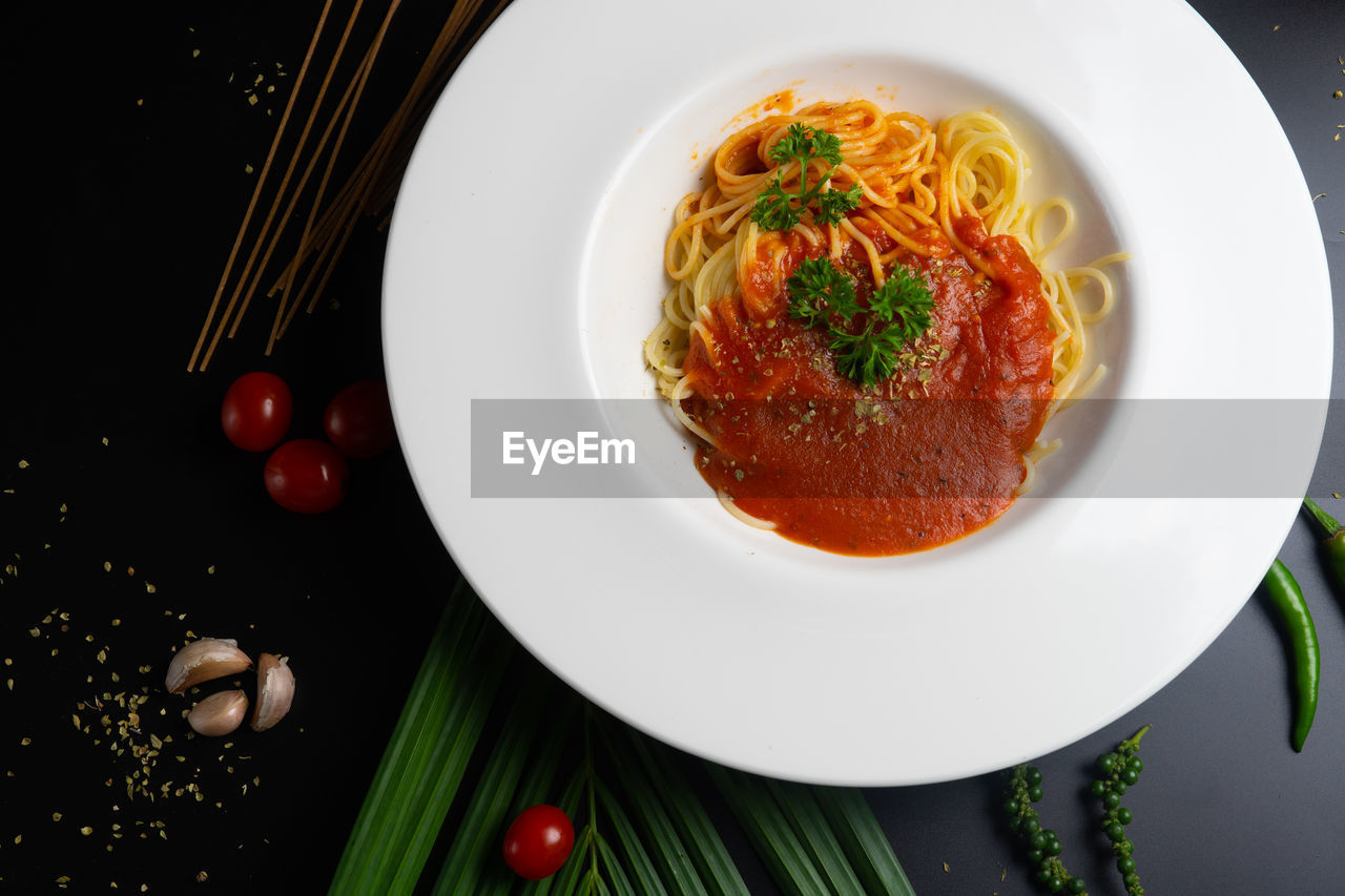 High angle view of food in plate on table