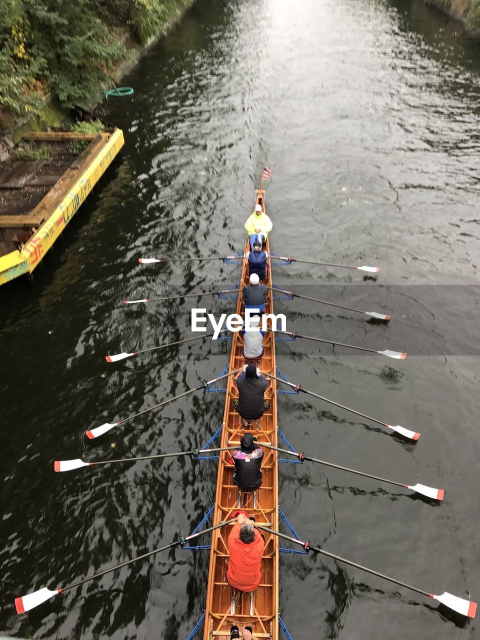 High angle view of people rowing scull on river against trees