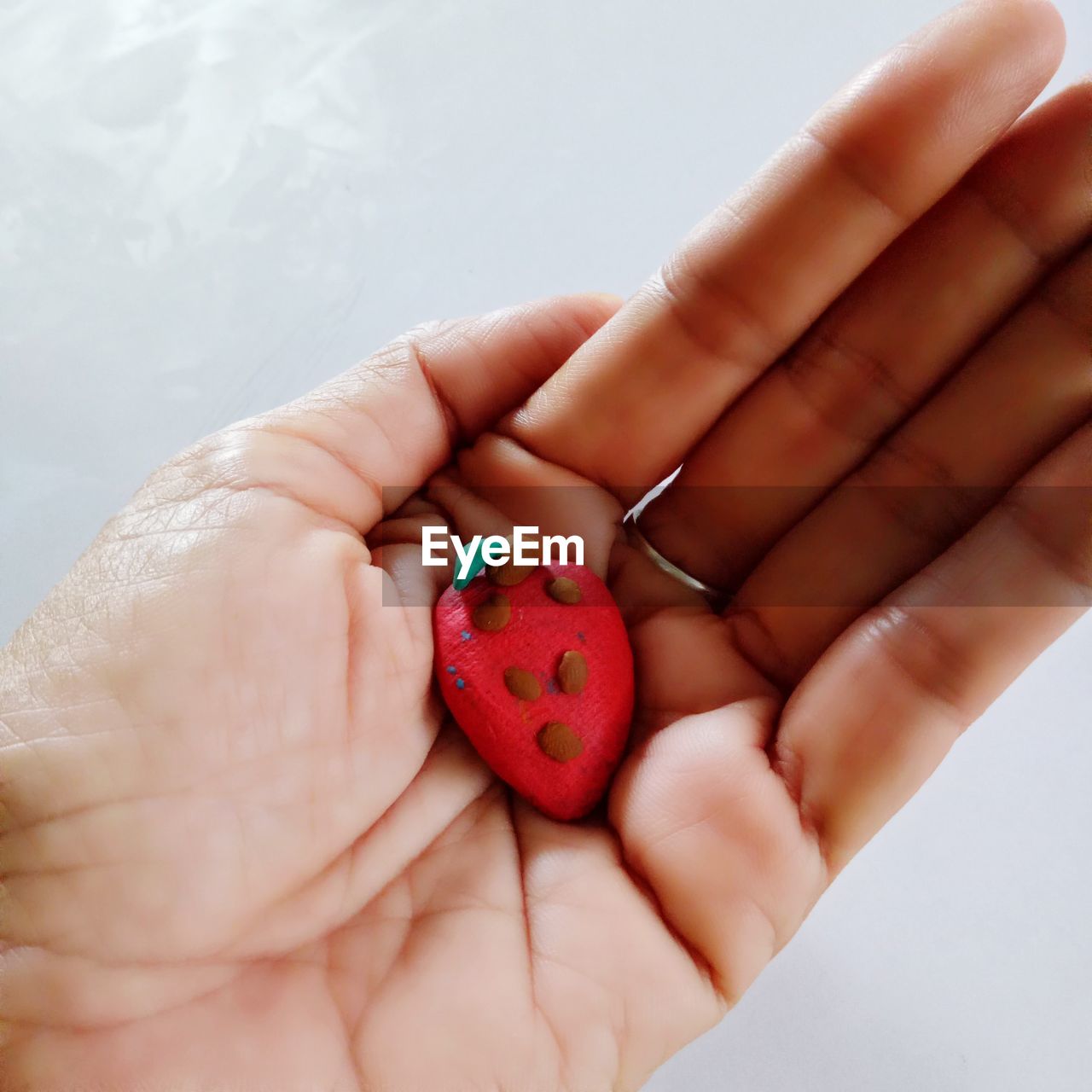 HIGH ANGLE VIEW OF PERSON HOLDING STRAWBERRIES