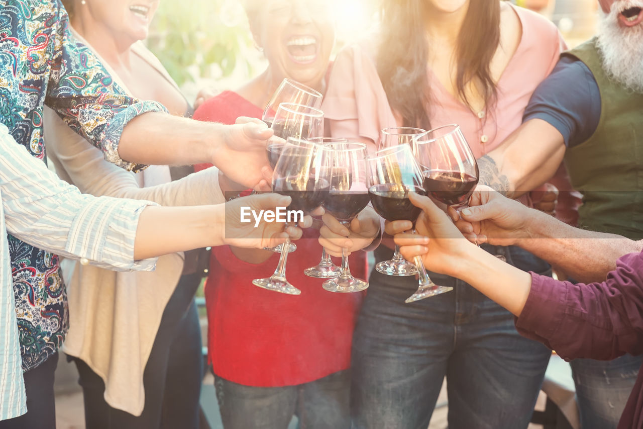 Midsection of cheerful family toasting drinks while standing outdoors