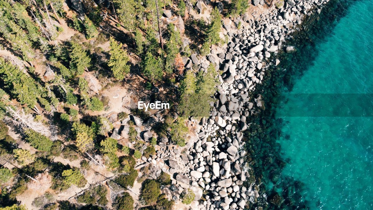 water, high angle view, sea, day, nature, beauty in nature, terrain, no people, aerial photography, cliff, scenics - nature, land, tranquility, outdoors, beach, plant, sunlight, coast, tranquil scene, green, reef, tree, rock, aerial view, growth