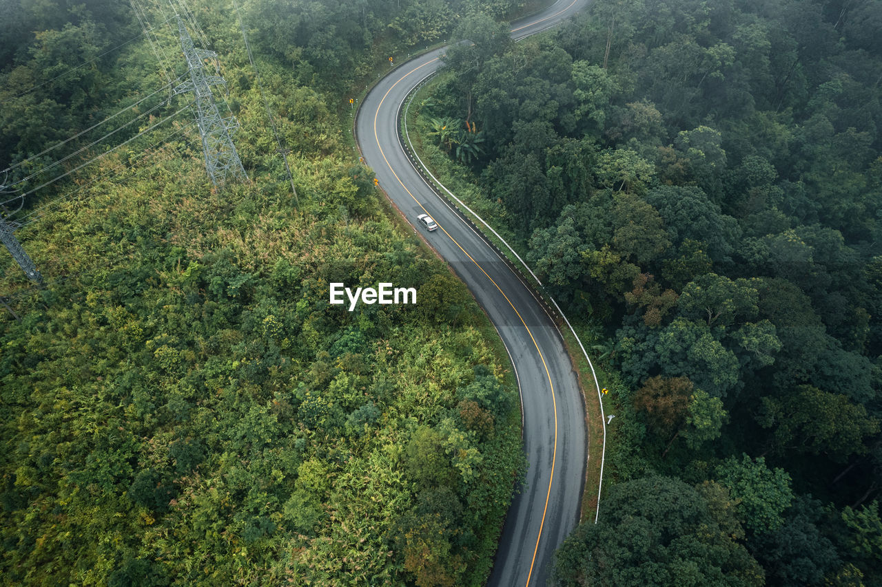 High angle view of highway amidst trees