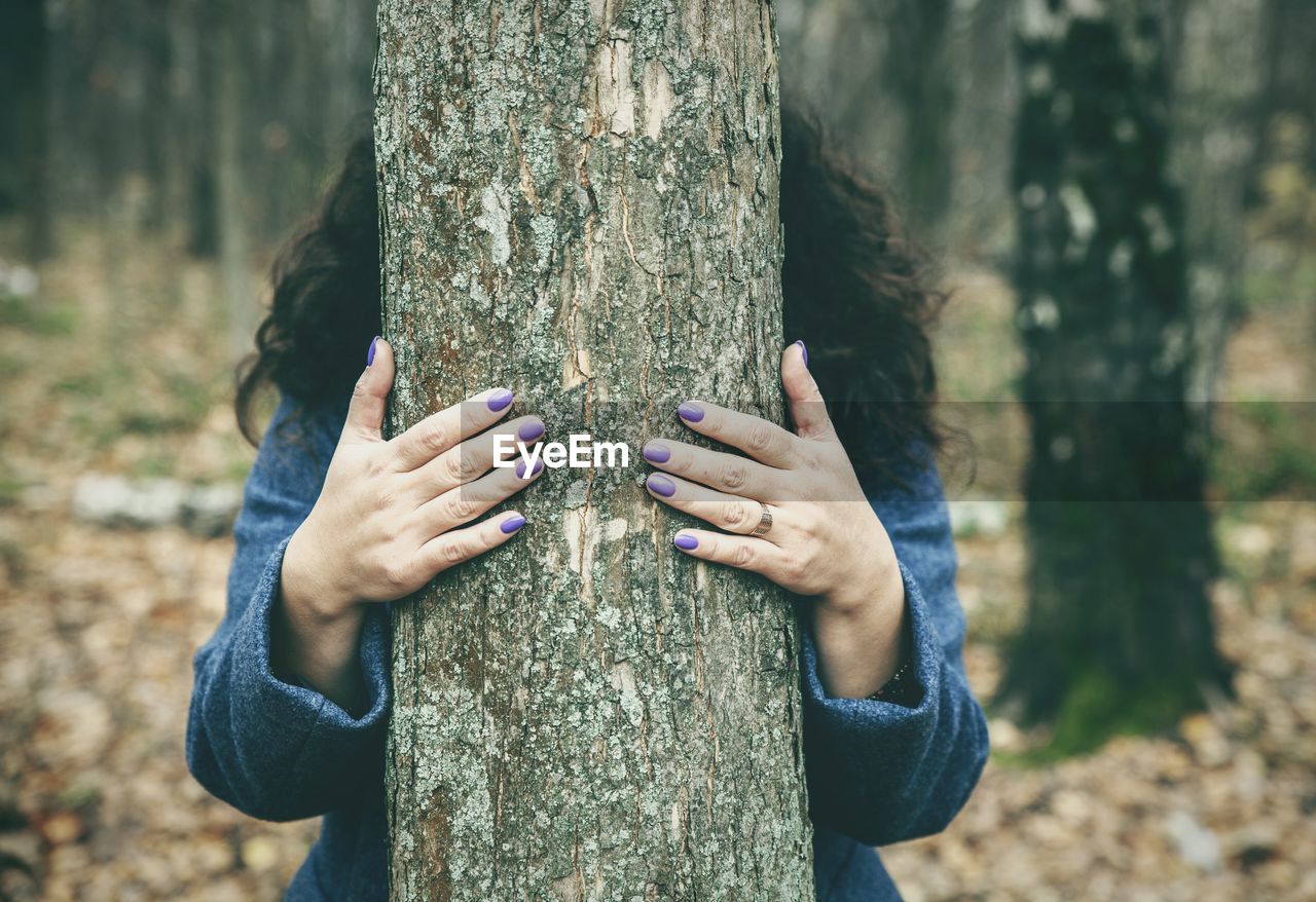 Midsection of person holding tree trunk in forest