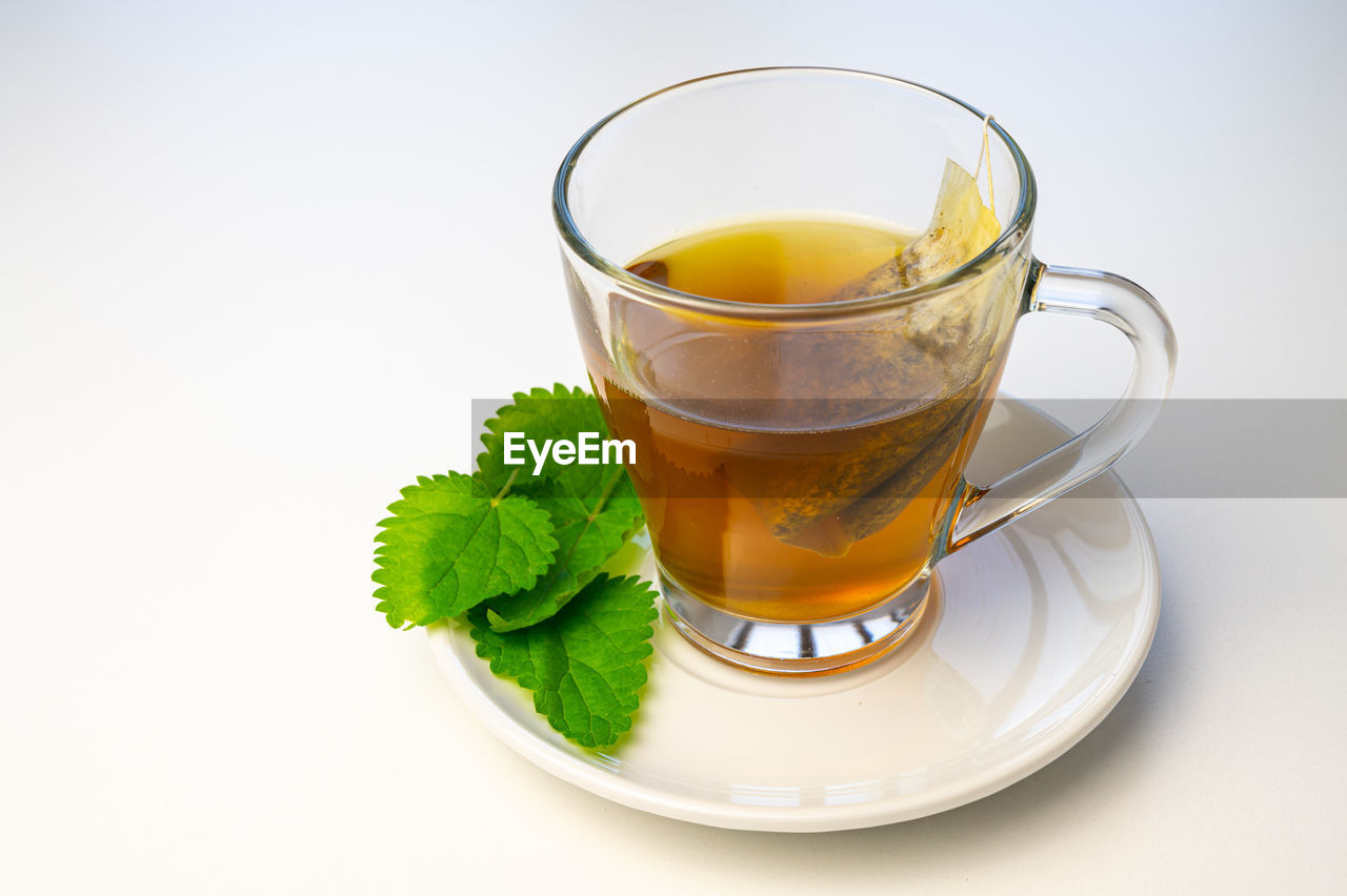 Nettle infusion in transparent cup, a sachet in water, a white saucer  and nettle leaves. 