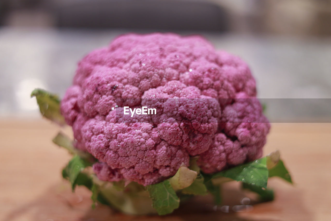 food and drink, food, healthy eating, cauliflower, freshness, wellbeing, vegetable, flower, produce, no people, raw food, indoors, close-up, organic, still life, pink, table, selective focus, purple