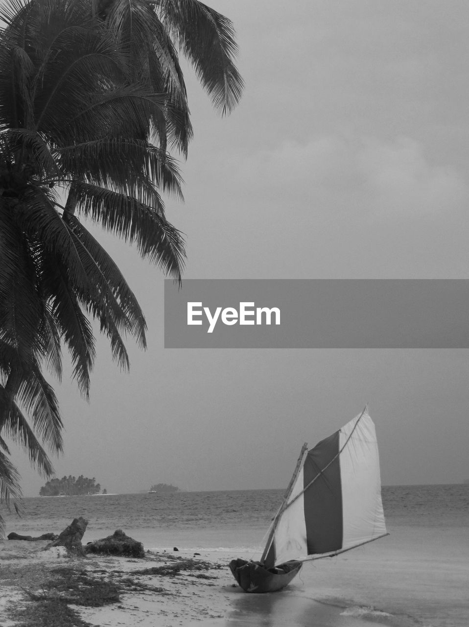 Sailboat moored at beach against sky