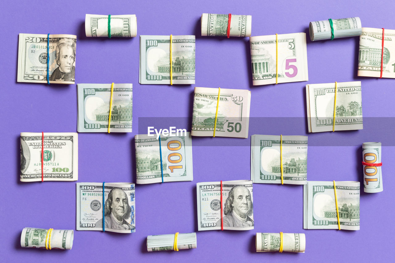 Top view of many dollar bills background