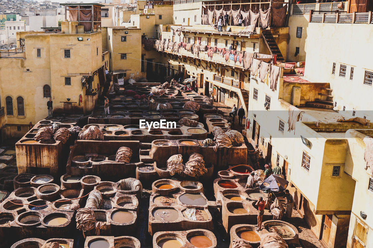 High angle view of the oldest leather tannery in fes