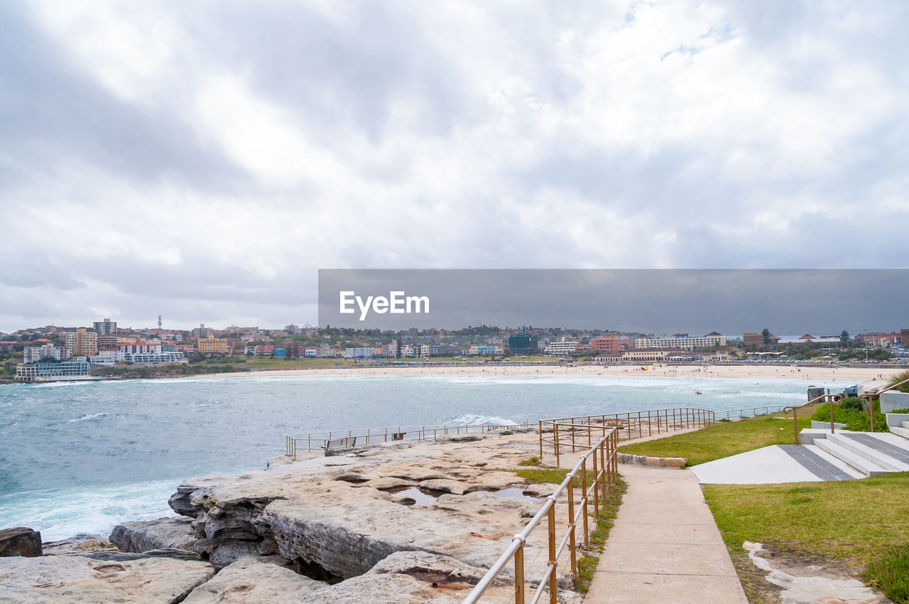 Scenic view of beach against sky in city