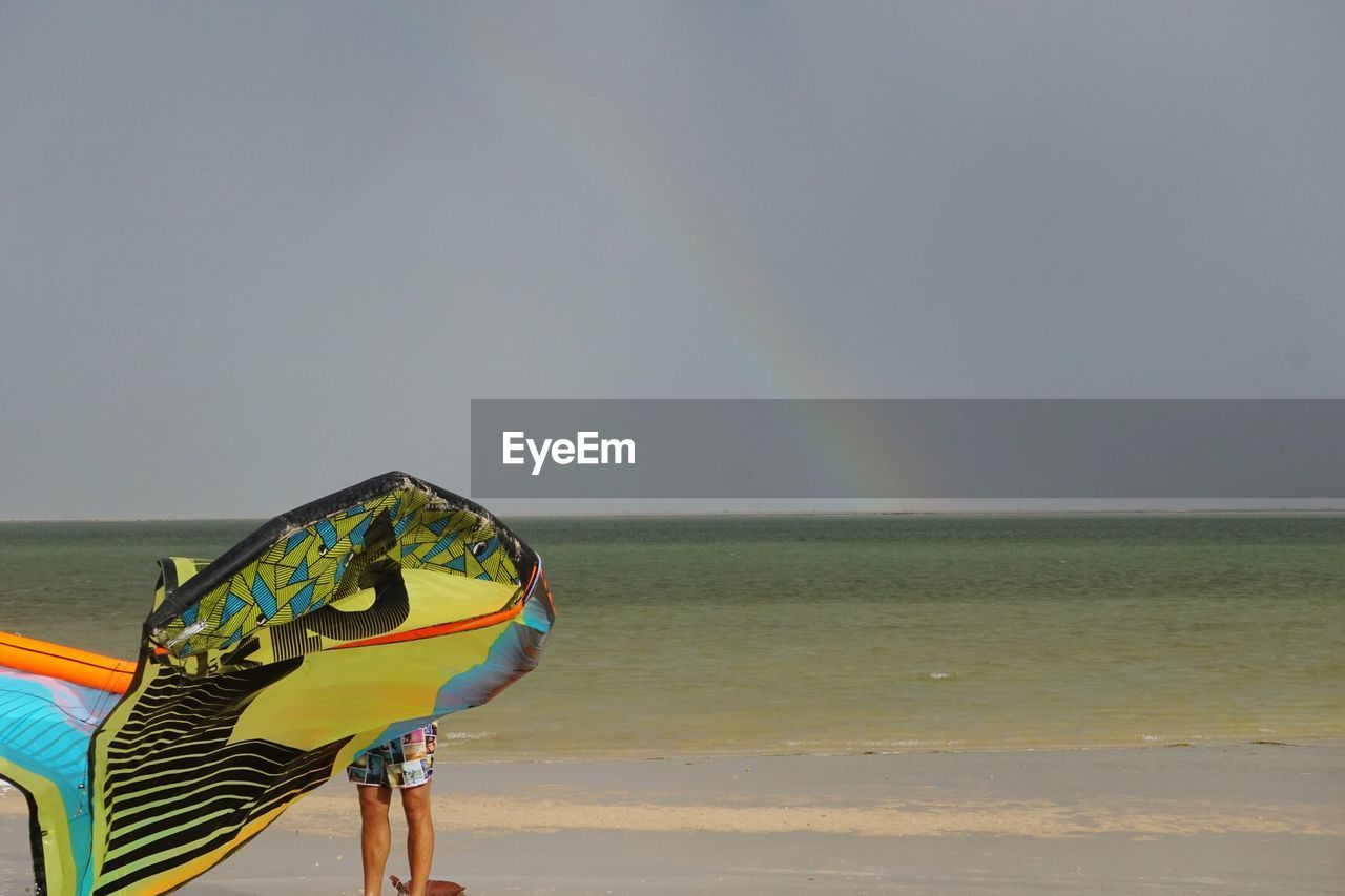 Man holding kite on beach against sky