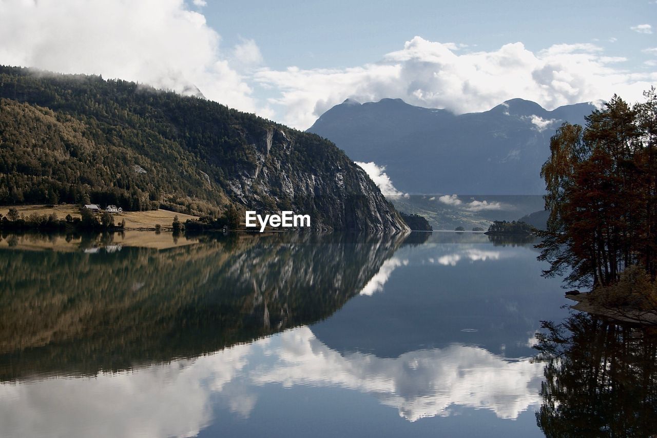 Scenic view of lake and mountains against sky