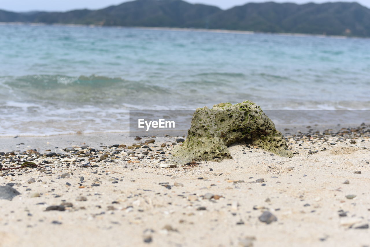 CLOSE-UP OF STONES ON SHORE